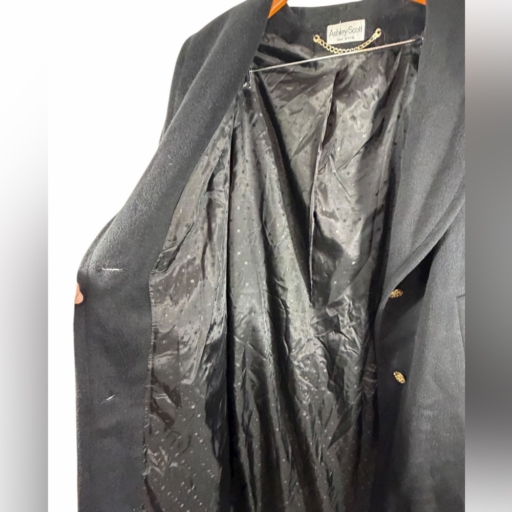 Ashley Scott Black 100% Wool Long Coat Gold Buttons Made in USA XL vintage - Picture 12 of 13